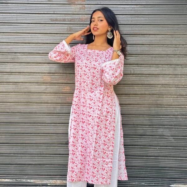 Pink Bloom Cotton Kurti - Image 5