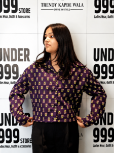 Purple Printed Cotton Crop Shirt Front View