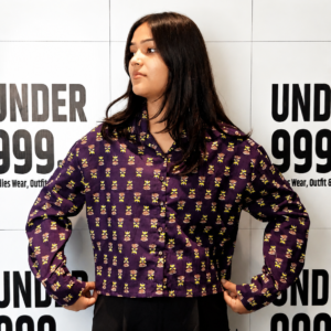 Purple Printed Cotton Crop Shirt Front View