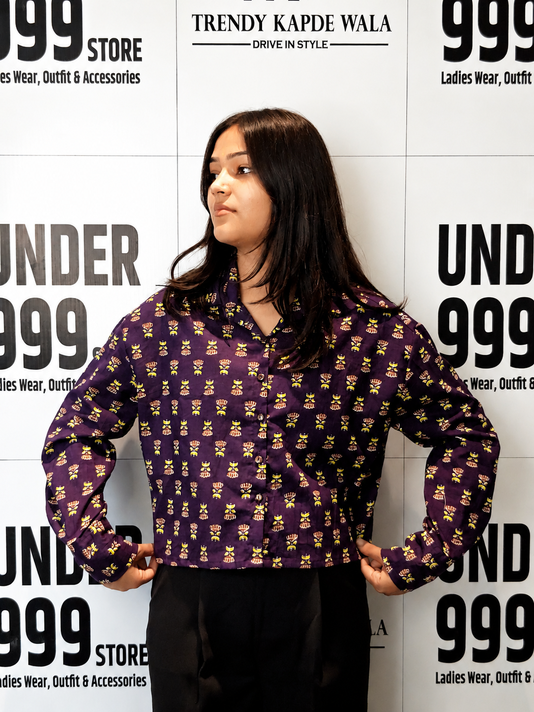 Purple Printed Cotton Crop Shirt Front View